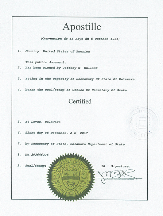 Apostille certification document for KEISIE International University